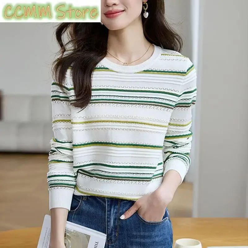 

New Fashion Women Clothing Striped Sweater Spring Autumn Contrast Top Loose Long Sleeve Bottoming Basic Casual Knitted Pullovers