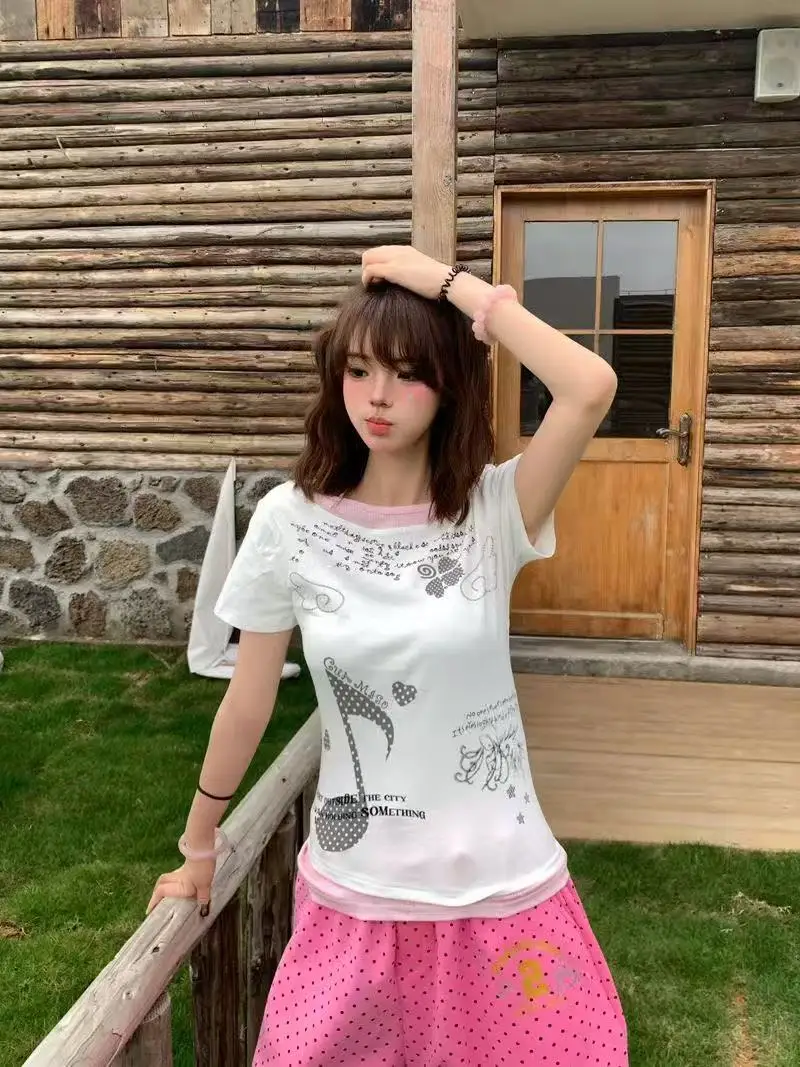 Y2K Sweet Boat Neck Short Sleeve Tee White Base Pink Edge Trim Music Note Butterfly Graphic Print Slim Fit Summer T Shirt