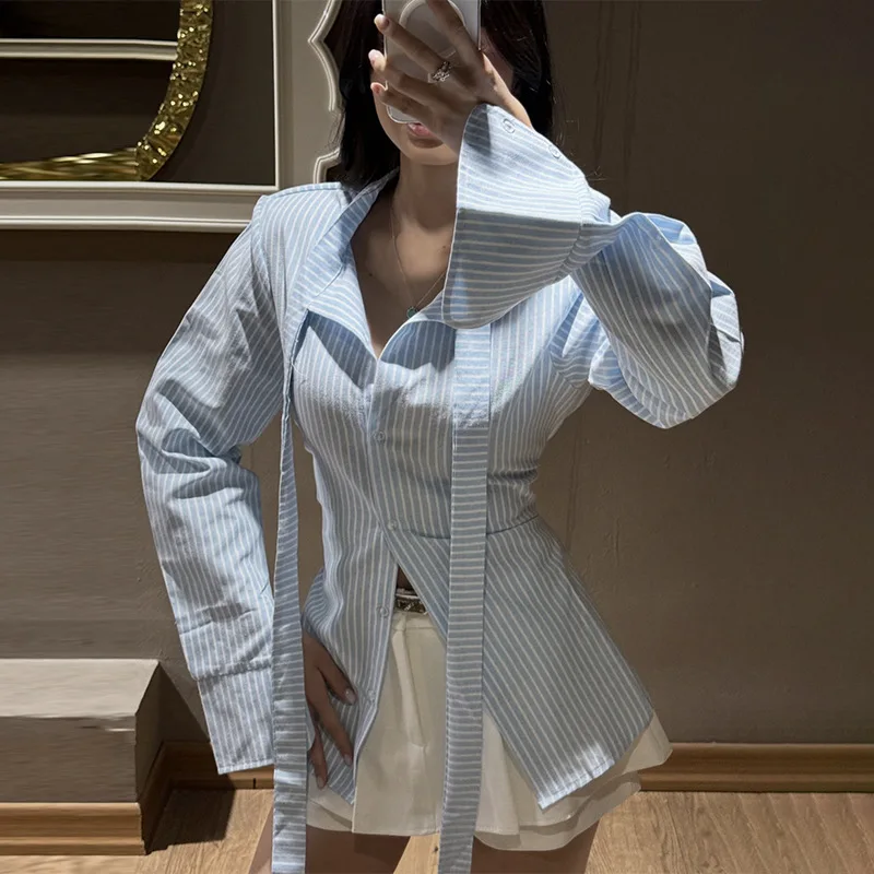 

2026 New Tie Detail Striped Shirts Women Flare Sleeve Button Up Tee Shirts Autumn Winter Outfits Fashion Waist Cinched Blouse