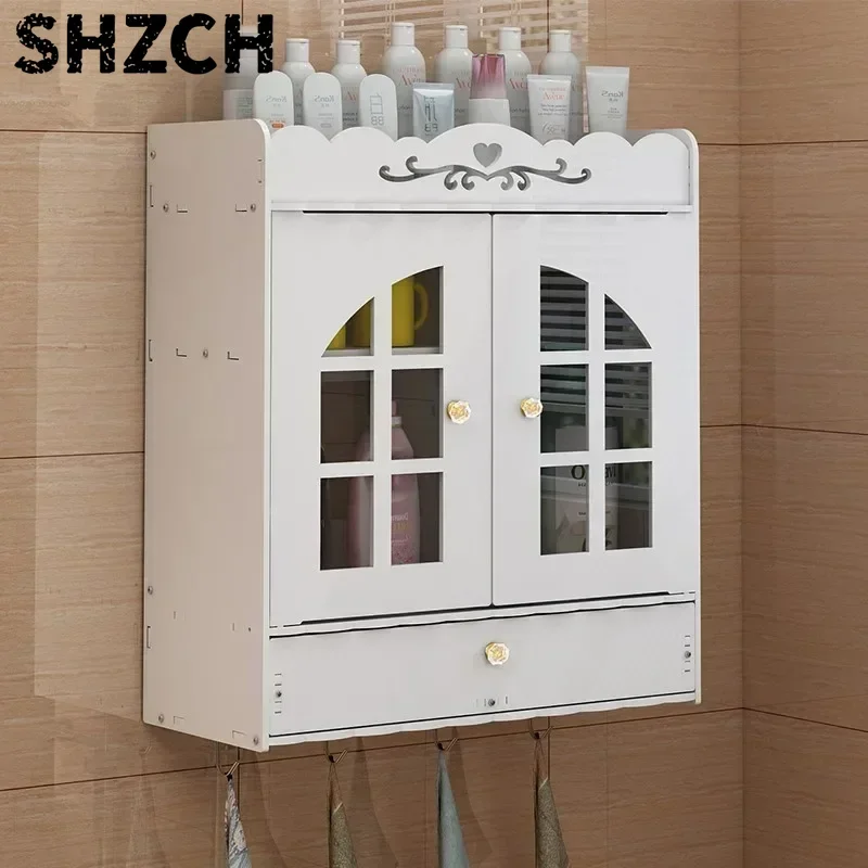 Wall-mounted Bathroom Cabinet Wood-Plastic Cupboard Shelf Cosmetic Storage Rack Toilet Furniture 38x18x43cm