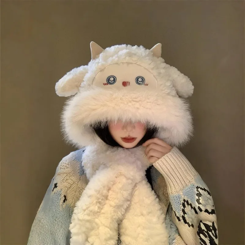 Women Winter Thick Warm Fuzzy Scarf Hat Set 2pcs Faux Fur Trapper Hat with Neck Warmer Sweet Cute New Arrival