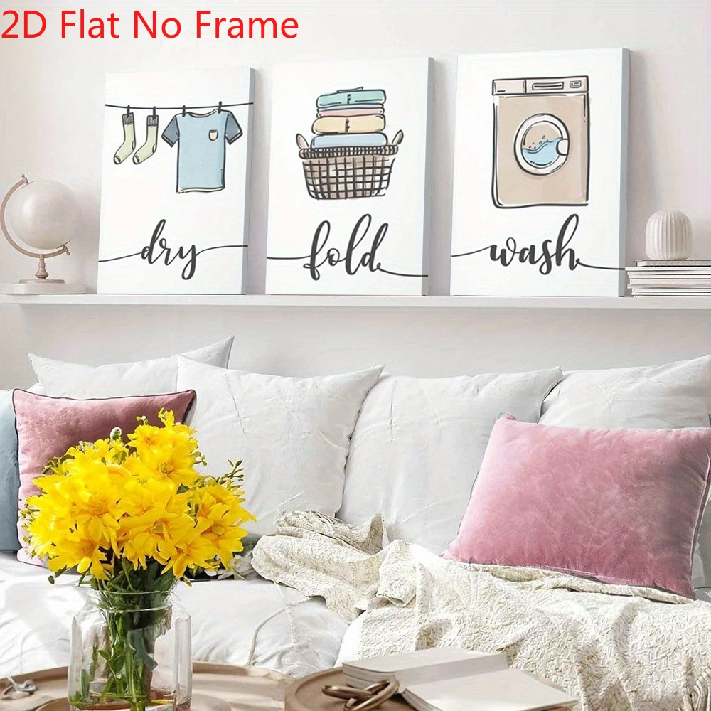 （NoFrame 3pcs）-2D Flat, 3pcs Modern Laundry-Themed Wall Poster Set - Vertical Washing Machine, Clothesline & Laundry Basket S
