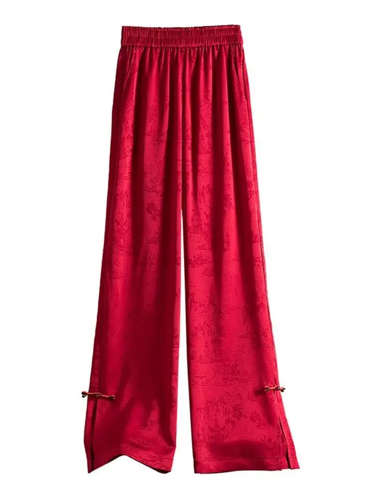 Jacquard High Waist Loose Drape Chinese Style Satin Casual Wide-leg Pants for Women 2025 Summer New Straight Trousers