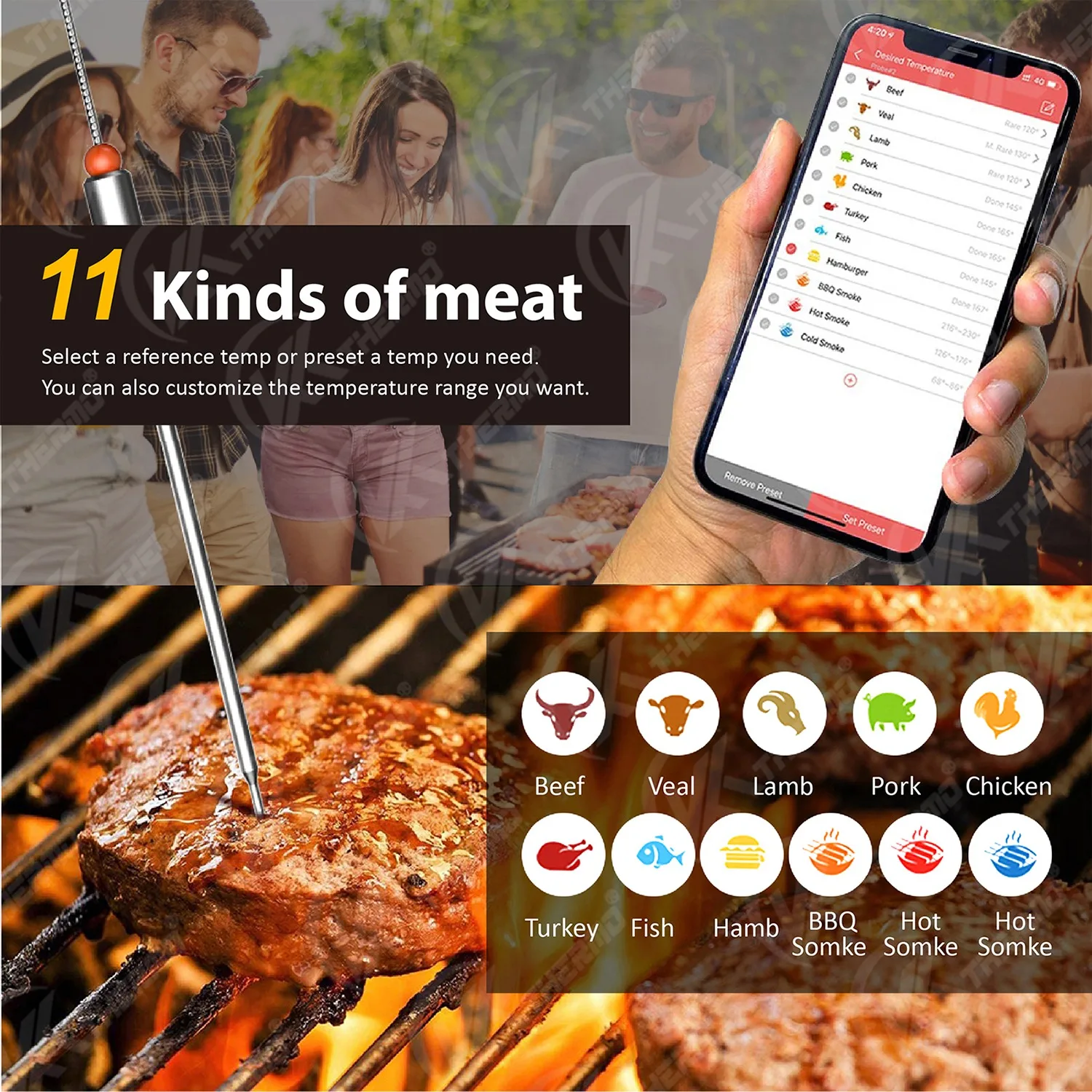 BBQ Meat Cooking Thermometer Wireless Connect Magnetic Design Remote Range Backlight Large LCD Waterproof and Probes