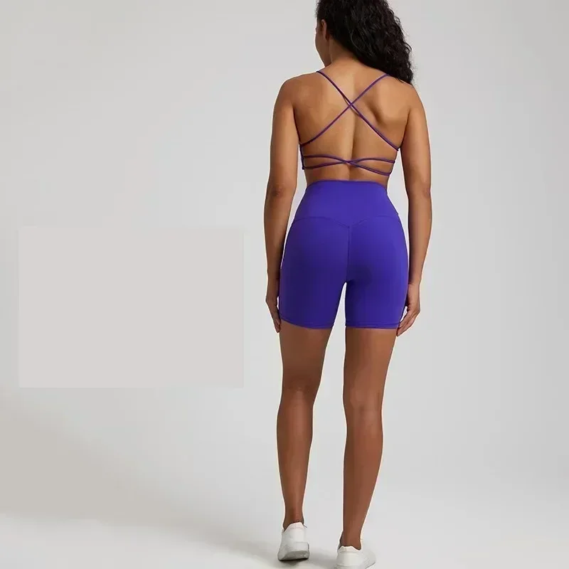 Conjunto de Yoga y gimnasio para mujer, traje deportivo de entrenamiento para mujer, Legging corto de cintura alta y sujetador cruzado para Fitness, 2 uds. Con almohadilla para el pecho