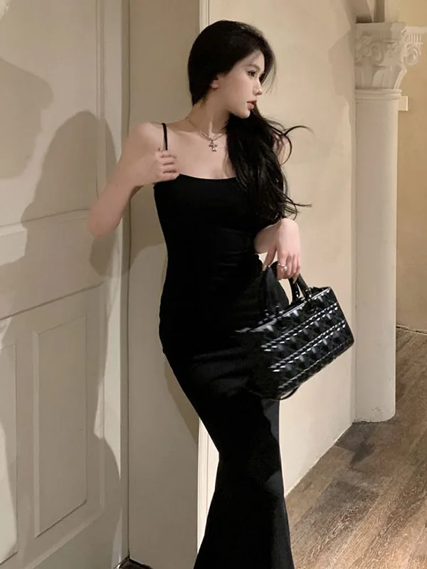 Slimming Fish Tail Long Dress High Waist Korean Style Commute Fashion No Sleeve Summer Dress for Young Women in Their 20s