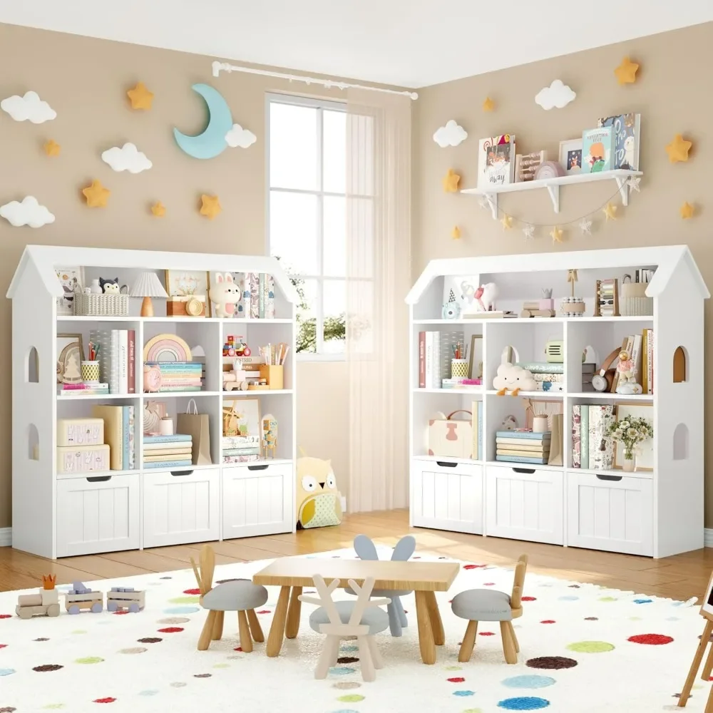 47.2'' Storage Organizer, Toy Organizers and Storage with 3 Movable Drawers and 6 Storage Cubbies, Kids Bookshelf Playroom