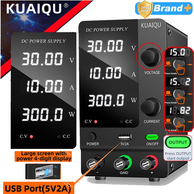 KUAIQU 30V 10A DC Power Supply ,Adjustable Regulated Switching Power Source with Encoder Knob,Preset Current for Electronics Lab