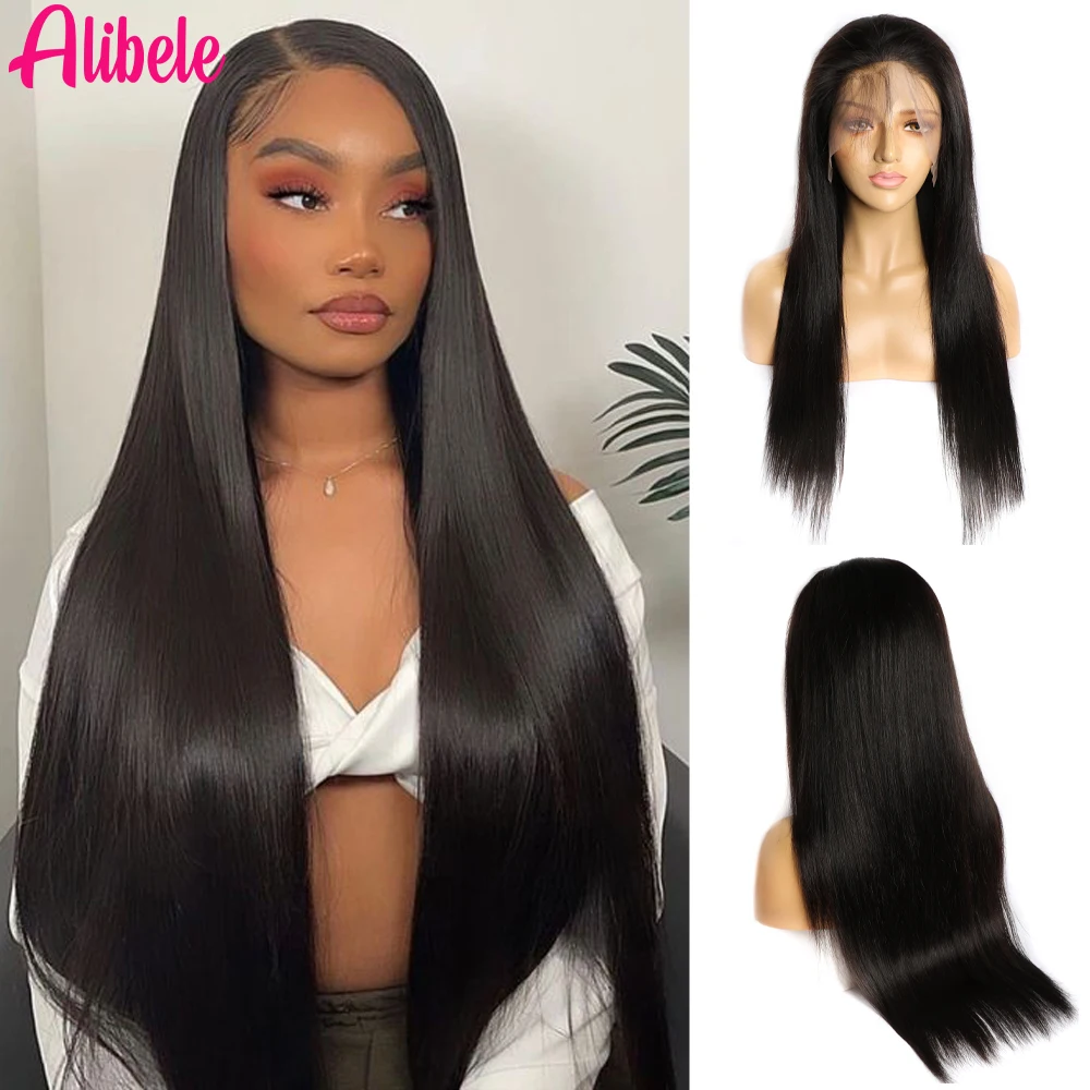 

26 28 30 inches 180 Density Human Hair Transparent Lace Front Wig Alibele Natural Black Highlight Lace Frontal Wig For Women