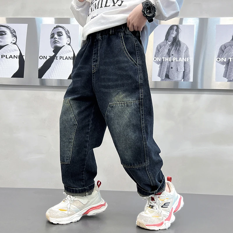 Sping Autumn New Cotton Cargo Pants for 2-11 Years Patchwork Boys Jeans Kids Fashion Bunched Leg Jeans Children Trousers