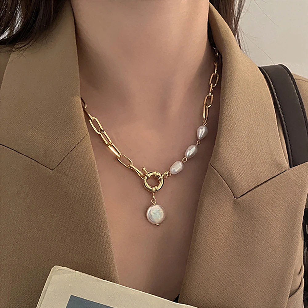 Korean Fashion Pearl Thick Chain Pendant Necklace for Women Kpop Collar Choker Necklace Statement Jewelry Gift Pendientes Mujer