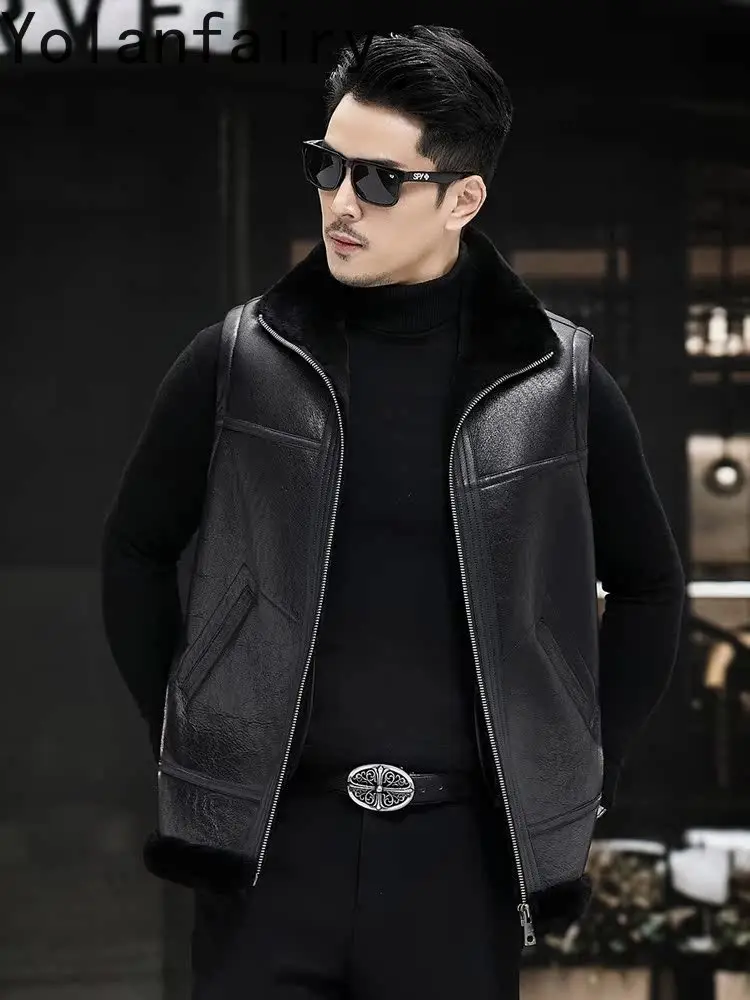 YOLANFAIRY Cappotto di pelliccia di pecora naturale Uomo Inverno Breve Giacca di pelle genuina Uomo Senza maniche Casual Gilet di pelliccia nera Gilet caldo