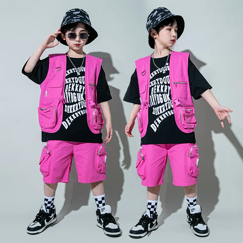 Kid Hip Hop Clothing Rose Sleeveless Jacket Vest Casual Strap Cargo Jogger Pants Shorts for Girl Boy Jazz Dance Costume Clothes