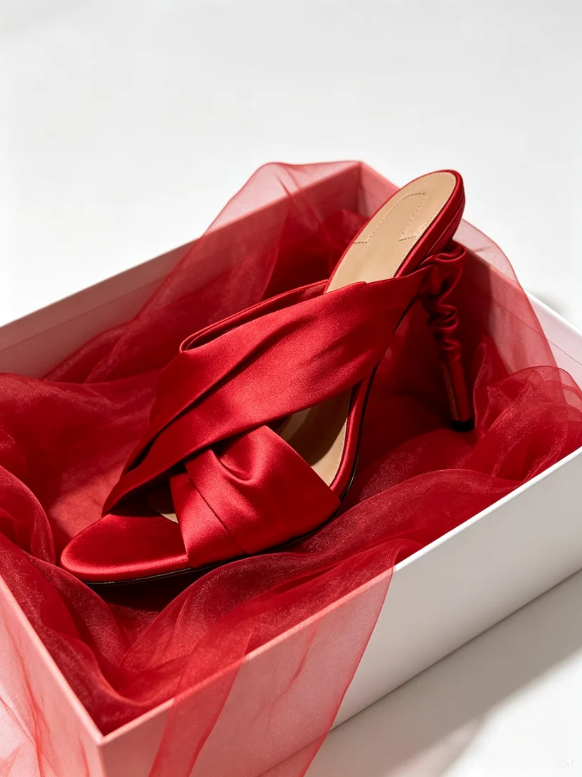 Mixed Color Silk Satin Multicolor Criss Cross Thin High Heel Mule Sexy Open-Toe Stilettos Genuine Leather Sandals Women's Shoes