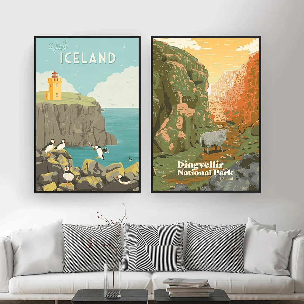 City Retro Travel Poster Visit Grimsey Gullfoss WaterfalI Iceland Landscape Canvas Paintings Room Wall Art Pictures Home Decor