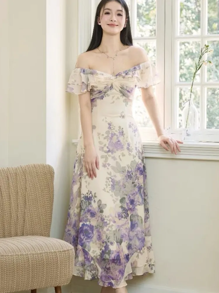 

Summer 2025 New Vingeta Printing Dress For Woman Slash-Neck Ruffles Slim Waist Long Dresses Sexy Fashion Holiday Casual Vestidos