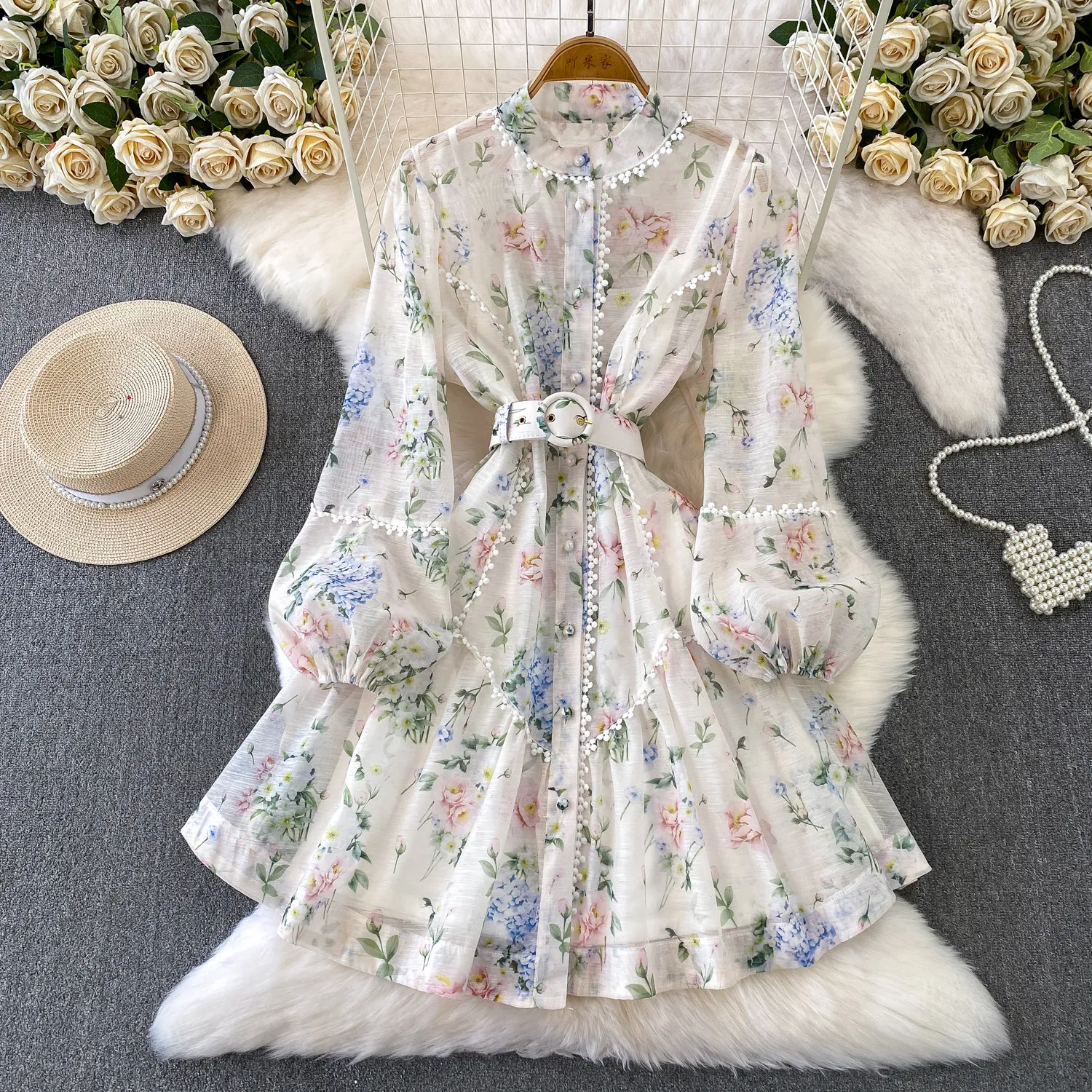 

Elegant Vintage long sleeve print button dress Korean Fashion Women Clothes autumn winter mini dress