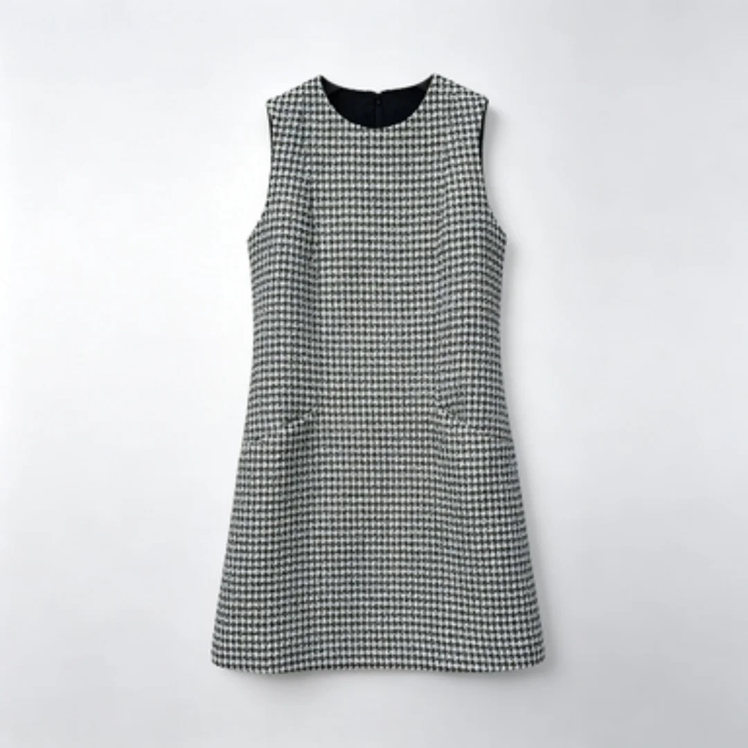 Women Simple Plaid Pocket Straight Dress