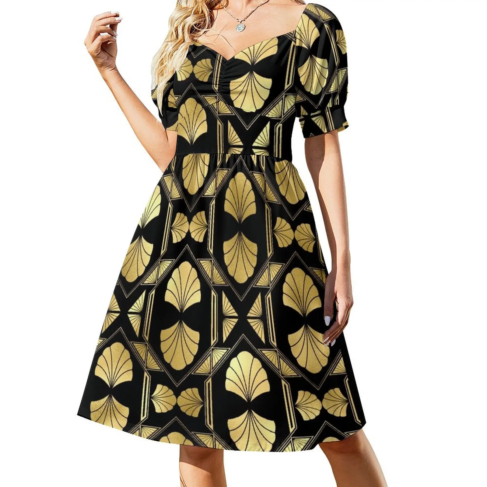

Exquisite Art Deco Gold-Colored And Black Pattern Short-Sleeved Dress Women long dress women's dresses luxury