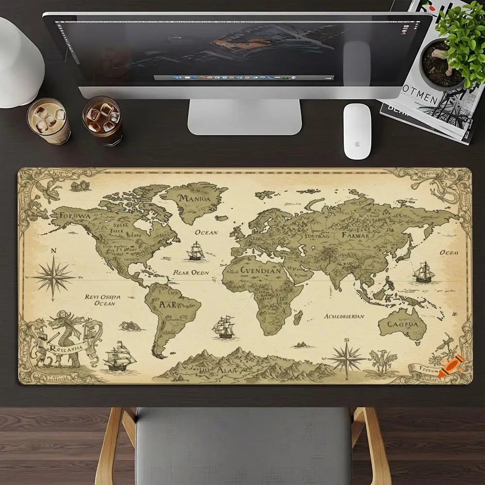XXL Gaming Mouse Pad Vintage Old World Map Deskmat Non‑Slip Rubber Nautical Ship Art Pc Game Keyboard Mats Gamer Mausepad