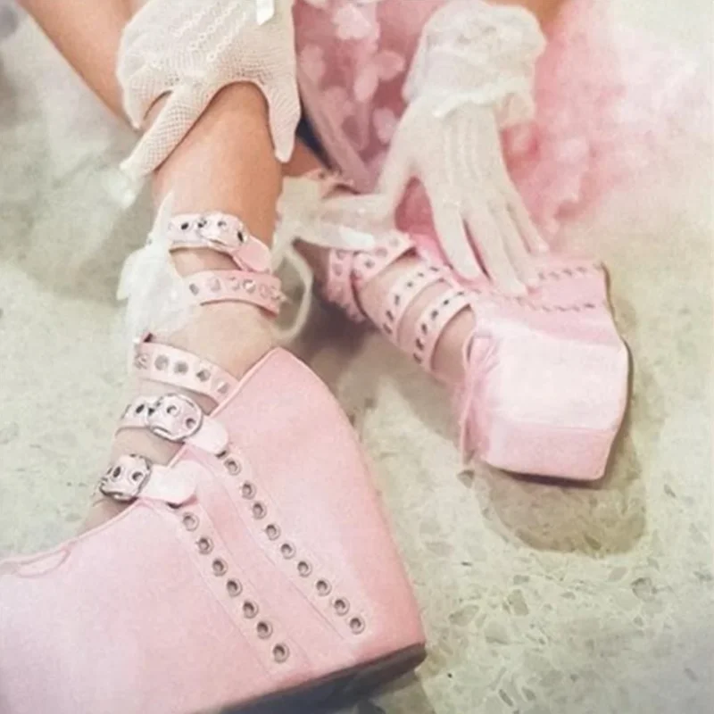 Pink Satin Wedge Heel Butterfly-Knot Pumps Narrow Band Rivets Buckle Strap Dress Shoes Round Toe Platform Buckle Evening Shoes