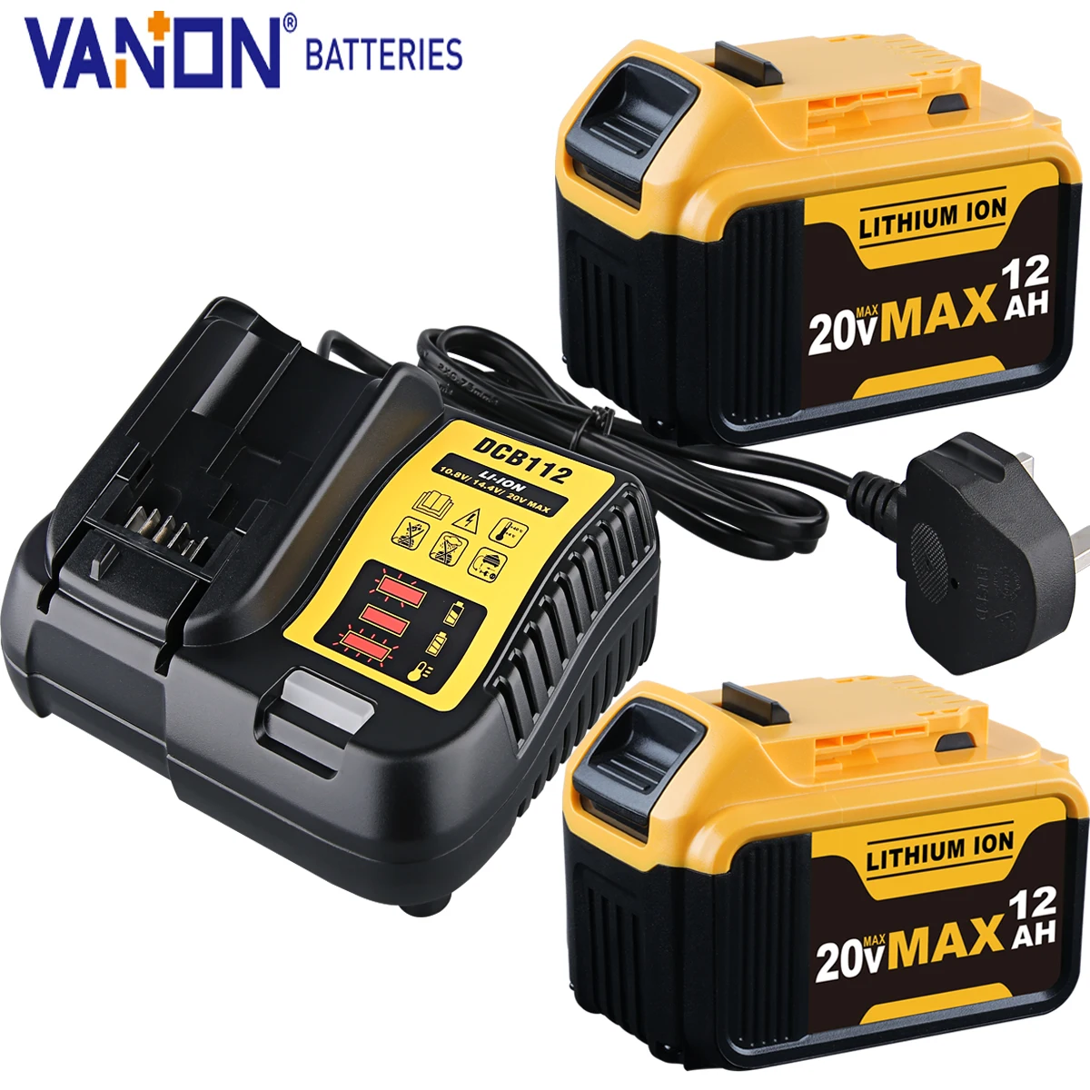 

Vanon DCB205 2Pack 12Ah 20V Lithium Battery and DCB112 Charger Set Compatible with DCB200 DCB80 Replace for DeWalt Battery pin