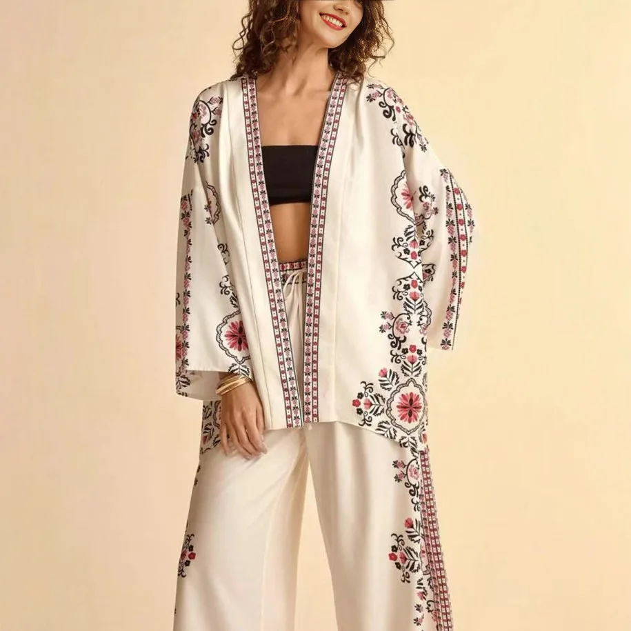 

Autumn New Fashion Street Style Women's Suit 2025 Casual Printed Long-sleeved Cardigan Top Loose Lace-up Wide-leg Pants Suit