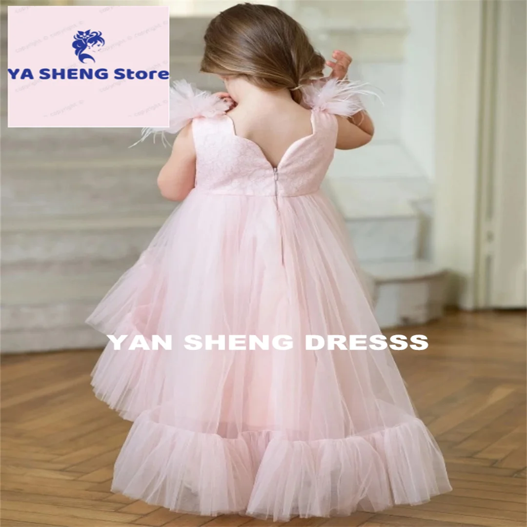 Customized Pink Tulle Flower Girl Dress with Bow Appliques High-Low Skirt Sleeveless for Wedding Birthday Party Bnauquet