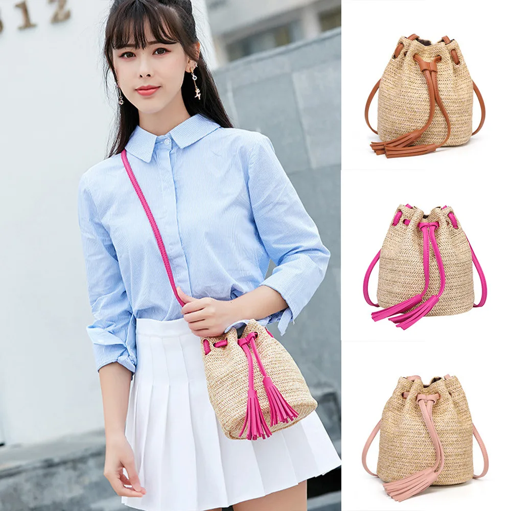 Women Fashion Solid Color High Capacity Vintage Weave Tassels Shoulder Bucket Bag