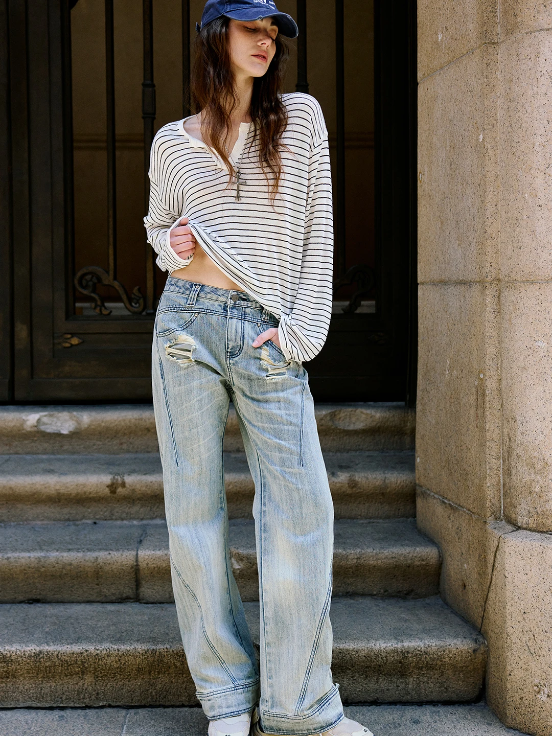 

Luna7xi High Waist Distressed Denim Jeans Women's Wide Leg Floor-Length Pants Cotton Blend Casual Straight Fit Jeans