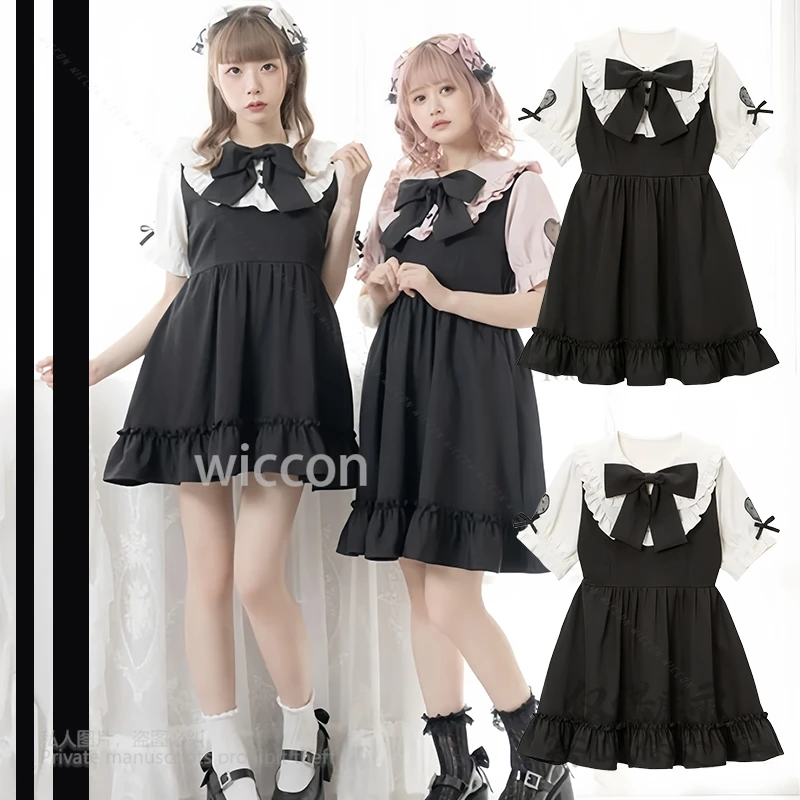 

Новое летнее платье с кукольным воротником в японском стиле Jirai Kei Y2K Edge с большим бантом, милое милое платье ручной работы с короткими рукавами для женщин и девочек