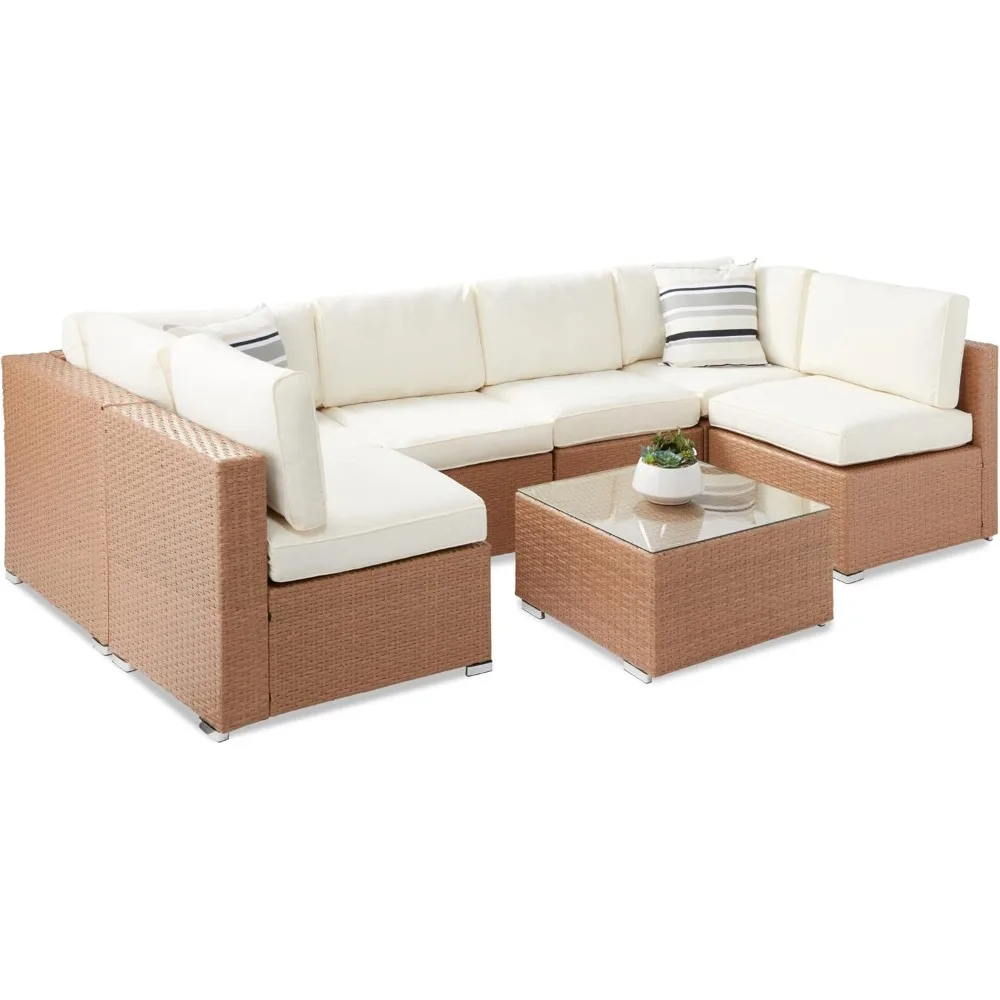 

Upgraded 7-Piece Modular Outdoor Sectional Wicker Patio Conversation Set w/ 2 Pillows, Coffee Table, Cover Included