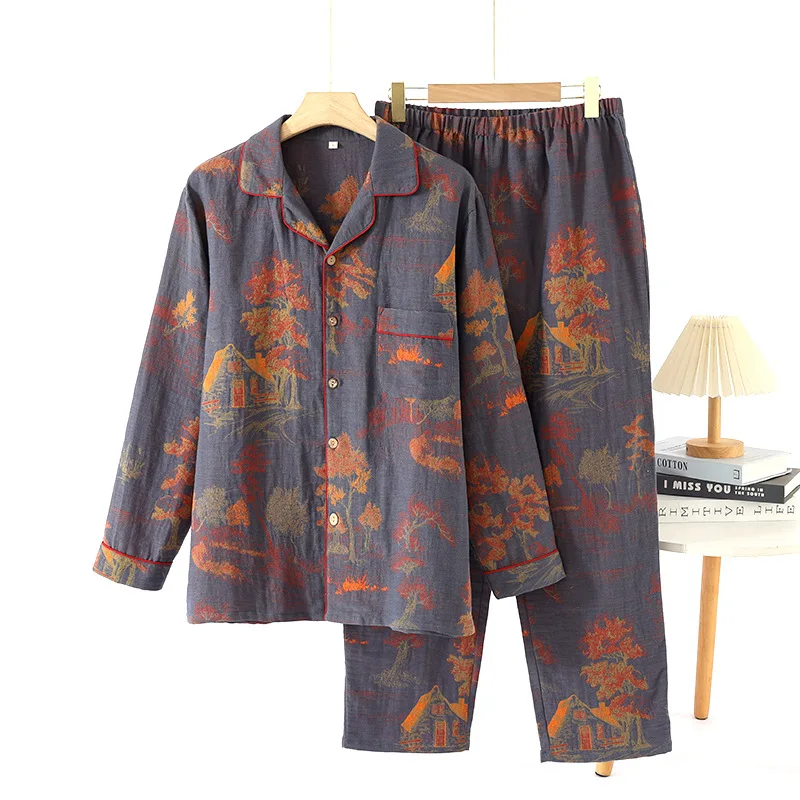 Nueva ropa de dormir estampada de otoño para dormir, conjuntos de pijamas para hombre, ropa de descanso, pijamas para hombre, nuevo Pijama de algodón puro, traje para casa