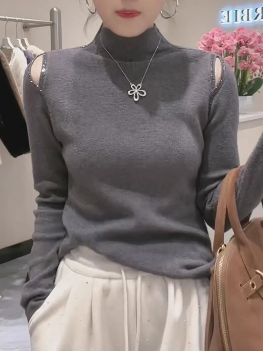 

Elegant High Collar Knitted Sweater with Rhinestones Fashionable Style Base Shirt Top for Women Luxury Trendy Style
