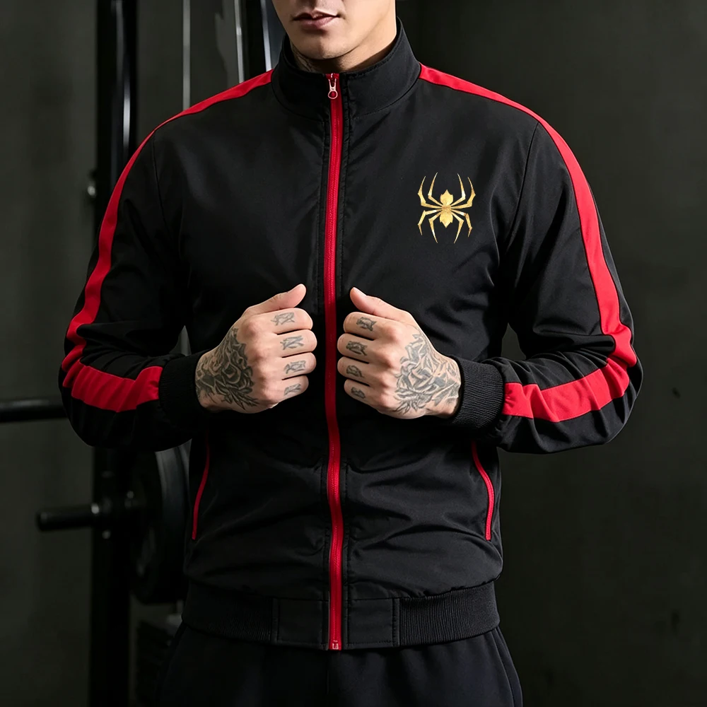 Mens Stand Collar Track Jacket Red Side Striped Full Zip Up Coat Casual Workout Daily Gold Spider Print Running Sport Tops