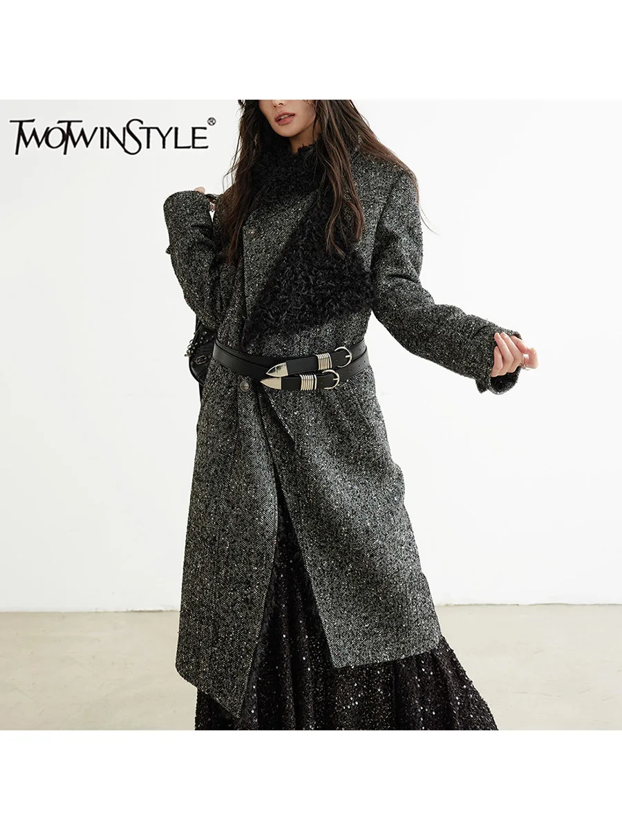 TWOTWINSTYLE Solid Patchwork Belt Chic Jackets For Women Lapel Long Sleeve Loose Temperament Long Coats Female Fashion Clothes