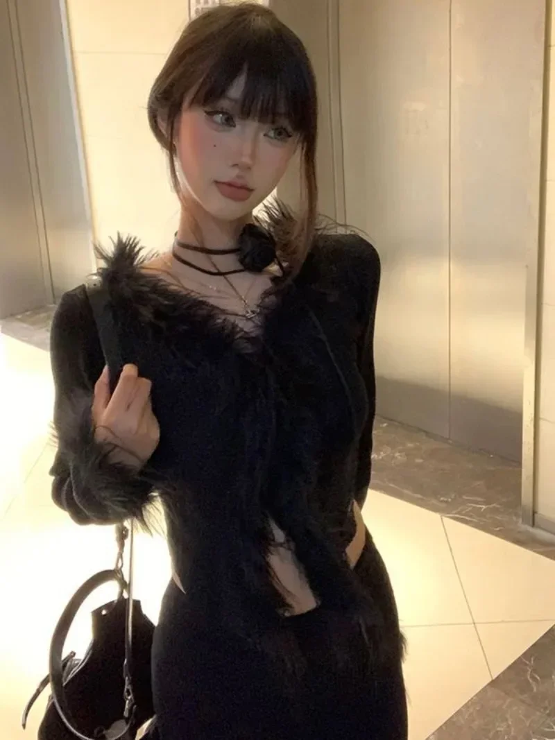 

Черные сексуальные пушистые вязаные топы с v-образным вырезом Mujer 2022, осень-зима, новый кардиган, пальто, женские облегающие свитера с длинными рукавами Y2k