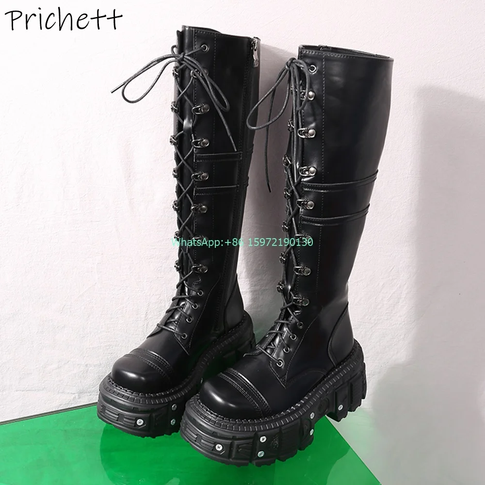 

Real Leather Customize Thick Soled Boots Platform Round Toe Cross Tied Lace Up Knee High Boots Dark Metal Punk Knight Boots