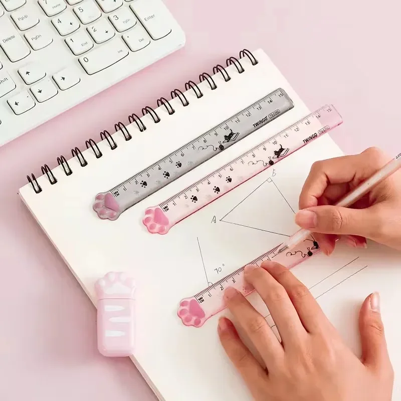 Cute Cat Paw Plastic Straight Rulers Kawaii Kitty Rulers Funny Drawing Gift Korean Office School Measuring Drawing Student Prize