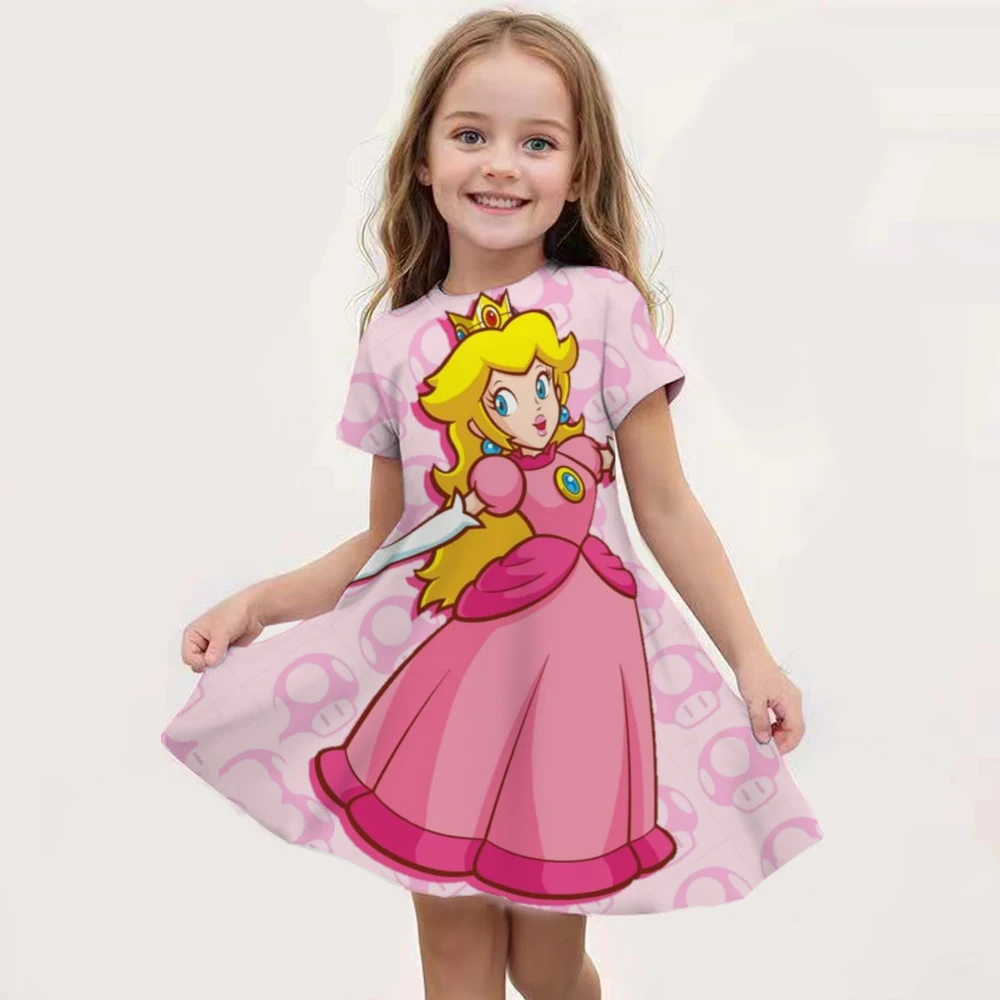 2024 year cute Peach Princess print Dress Girls Cartoon Super Mario Games Dresses Princess Children\'s Party Clothes