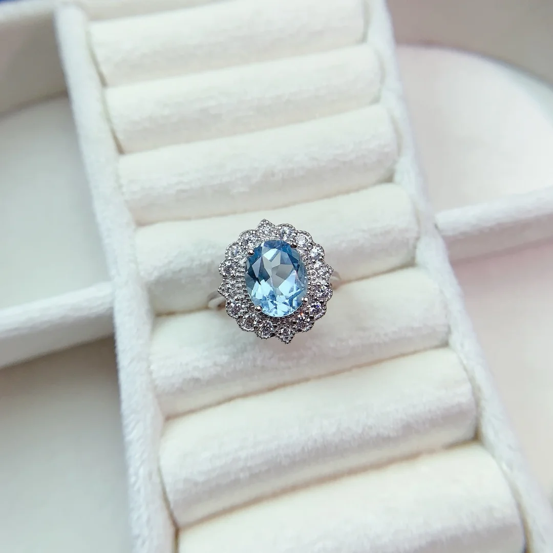 Luxurious Natural Topaz Ring S925 Pure Silver Fashion Jewelry Vivid Glossy Blue Gemstone Women Daily Party Accessories