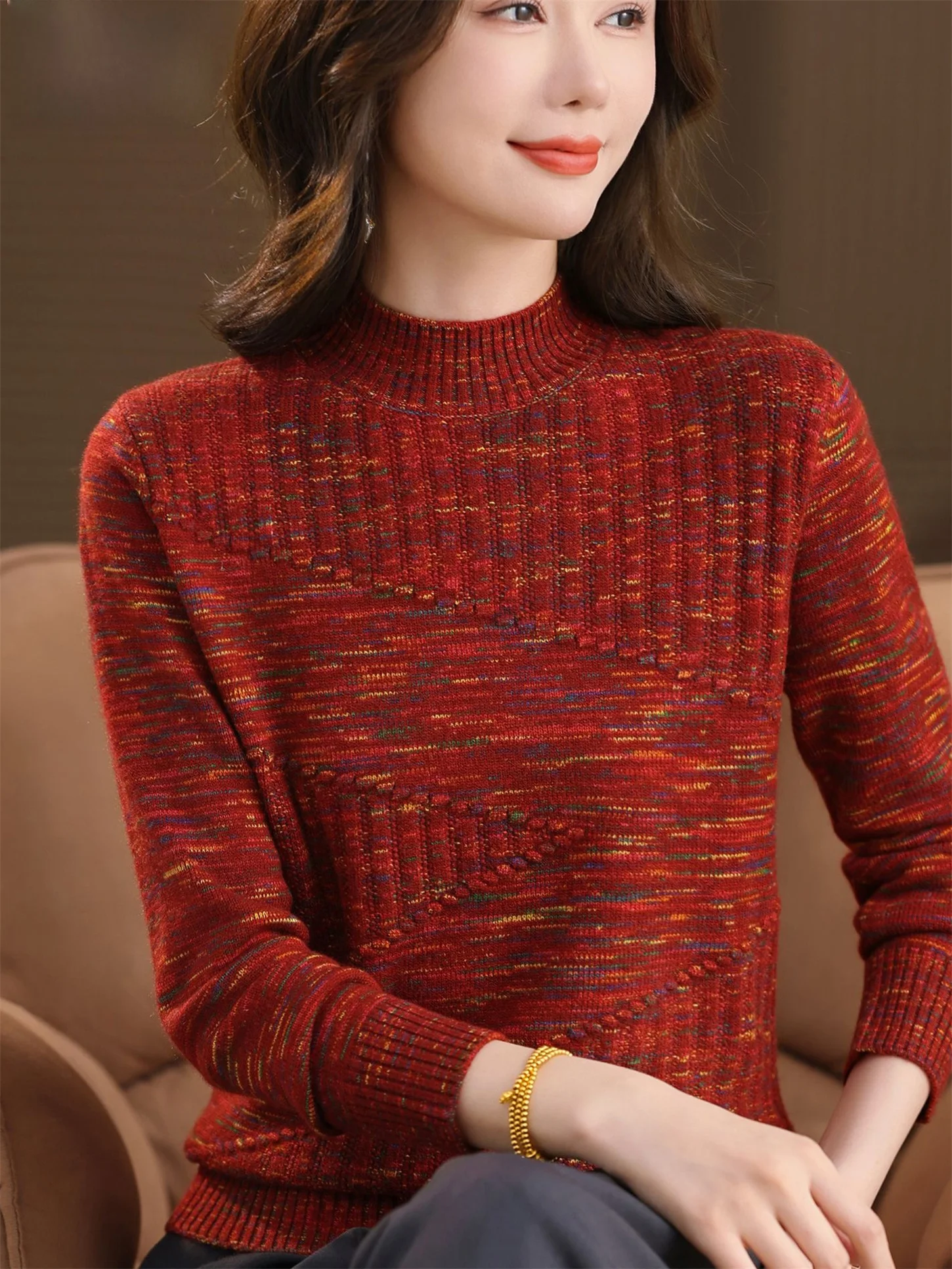 

Slimming Knitwear Woolen Floral antou Loose f High Collar Warm Inner Wear for Middle-Aged And ly Women Faionable