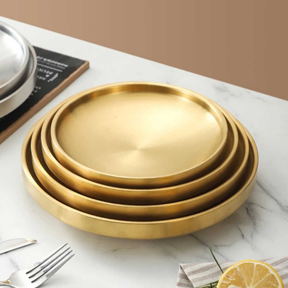 Stainless Steel Metal Dining Disc Round Bone Spitting Dish Round Plate Shallow Tray Gold Silver Fruit Meat Tableware 17/19/21/23