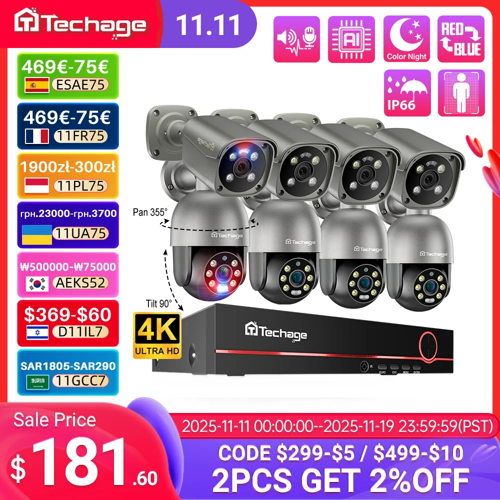 Techage 4K 8MP Security Camera Kit Night Vision Smart AI Detected Email Alert Outdoor Home CCTV Surveillance Camera System
