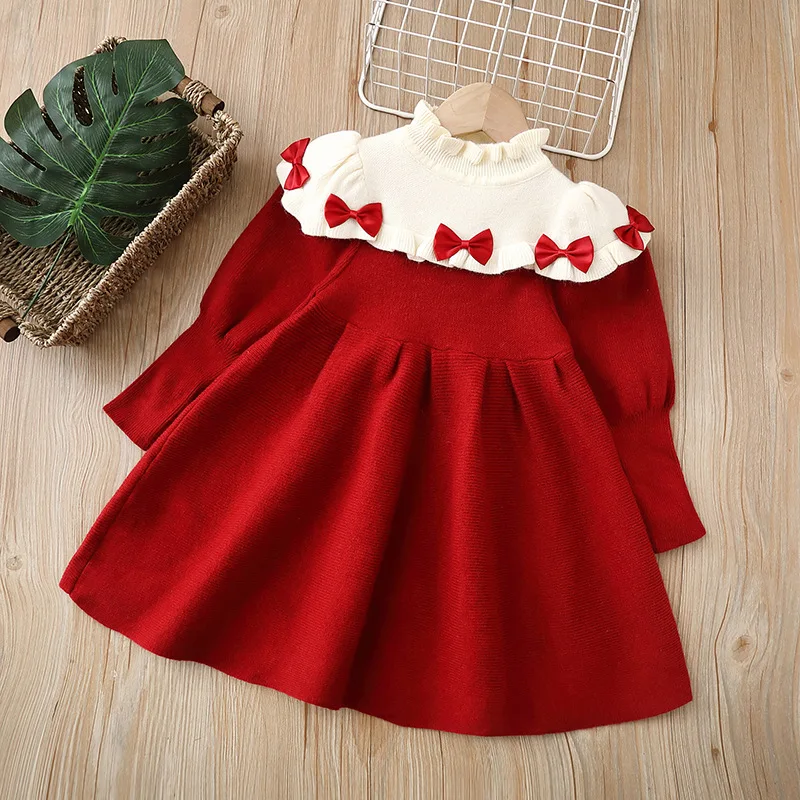 

Girls' Knitted Dress Children'S Clothing Bow Decor Spring Autumn Princess Bottoming Dress Wooden Ruched Knitting Dresses