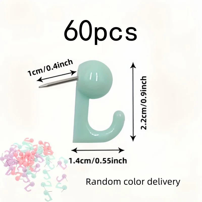 60 pcs Random Color Pushpin Hooks, Easy to Install, for Photo Walls, Corkboards and Home Wall Decor, Durable and Practical