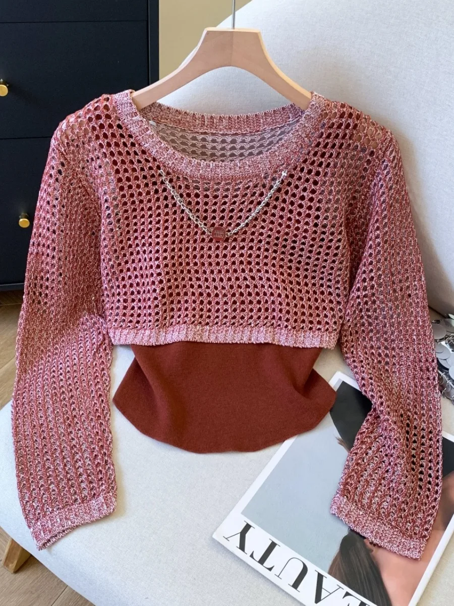 

Women's Knitted Hollow out Long Sve Vest Top ort Sle Two Piece Set Self Preservation Recommendation Commute Sle Kore...