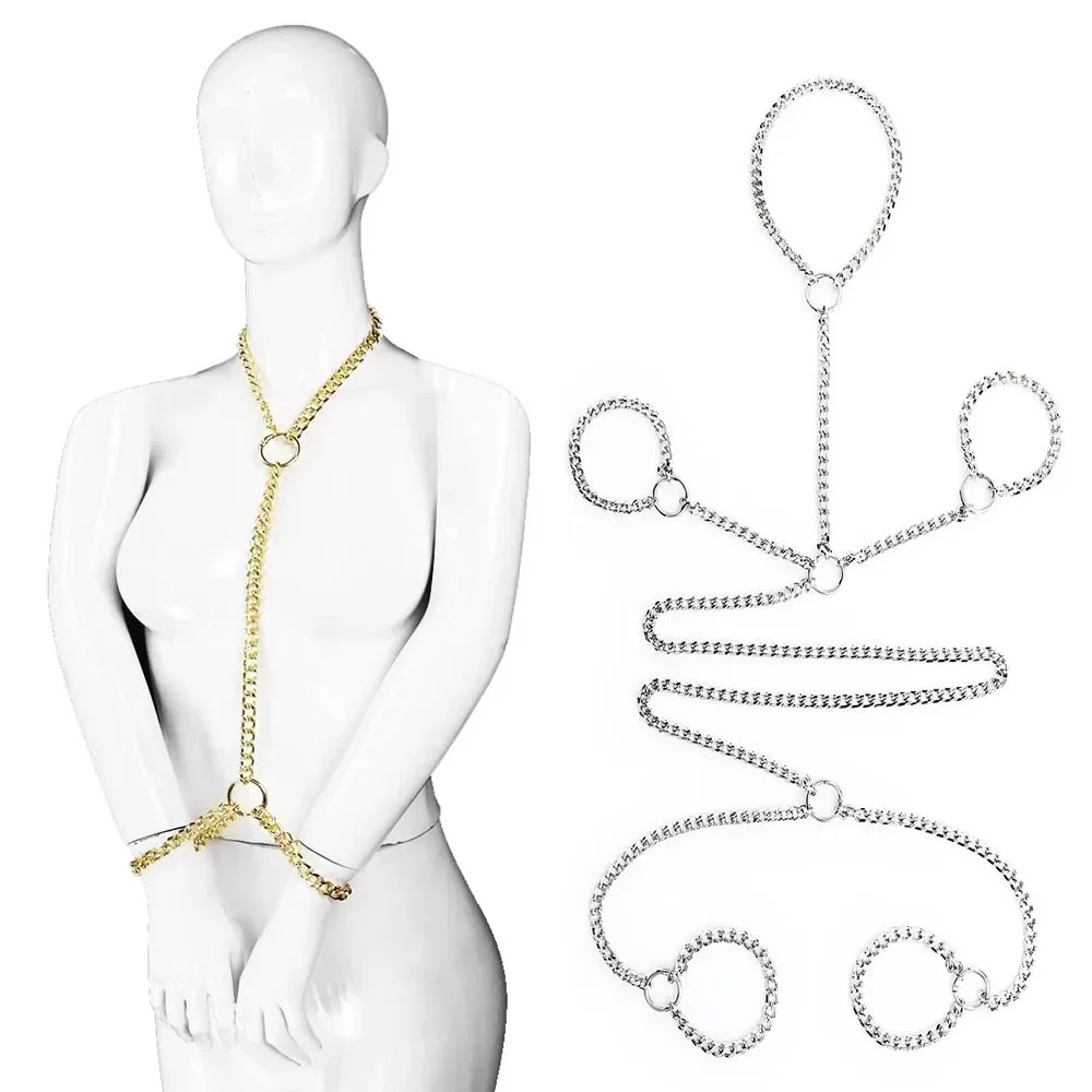 Esposas de Bondage de oro y plata desmontables de Metal, brazalete de tobillo, bloqueo de cuello, cadena, esclavo adulto, Juguetes sexuales BDSM para parejas
