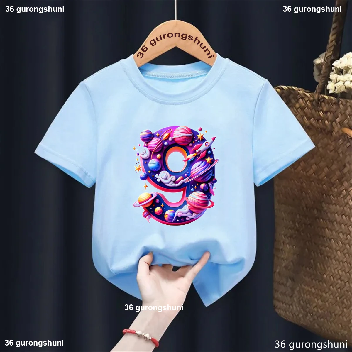 Kawaii Kids Clothes 8th/9th Birthday Gift Printed T Shirt Girls/Boys Astronaut Spacecraft Planet Tshirt Solid T-Shirt