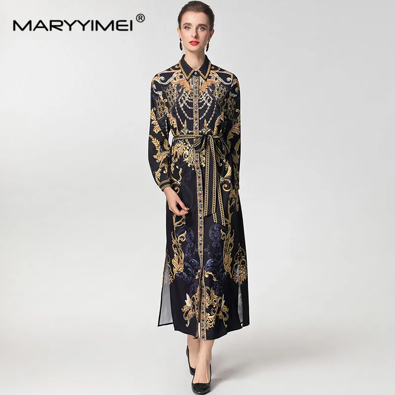 MARYYIMEI Autumn and winter Women\'s Dress Turn-Down Collar Single-Breasted Lace-Up Vintage Elegant Print Long-Sleeved Dresses